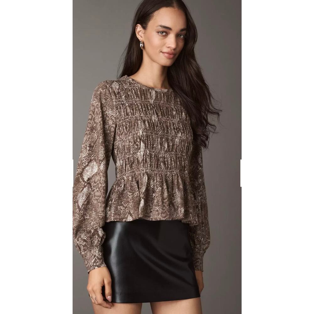 Anthropologie Taupe Snake-Print Smocked Peplum Blouse